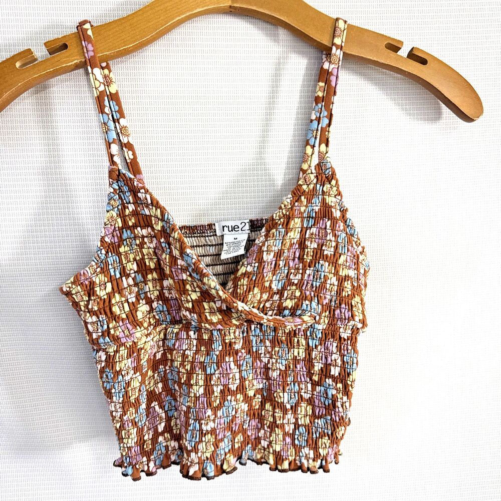 Rue21 Floral Smocked Cropped Tank Top Stretchy Sleeveless Ruffle Accents Y2K - M